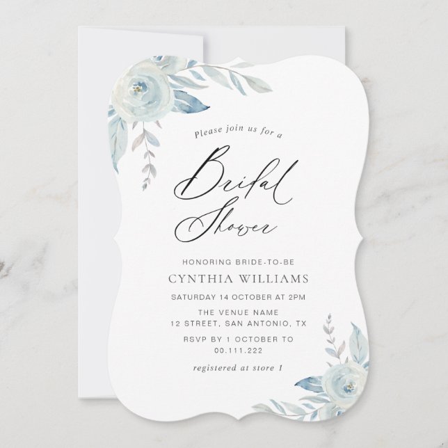 elegant script dusty blue floral bridal shower invitation (Front)