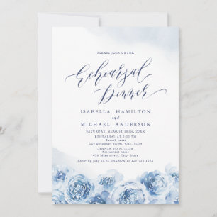 Elegant script dusty blue floral rehearsal dinner invitation