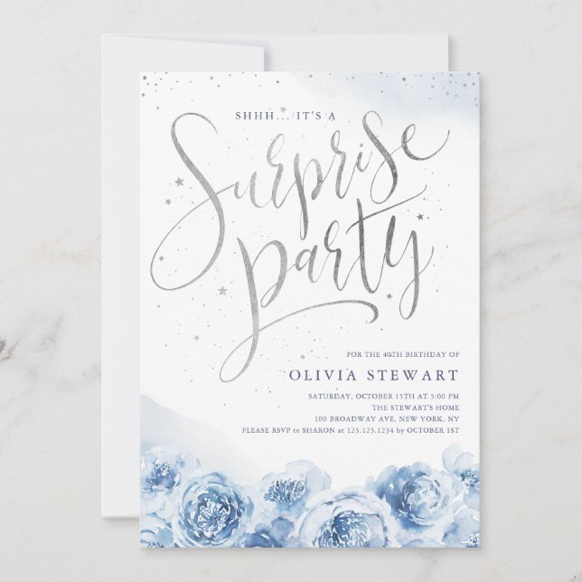 Elegant script dusty blue floral surprise birthday invitation (Front)