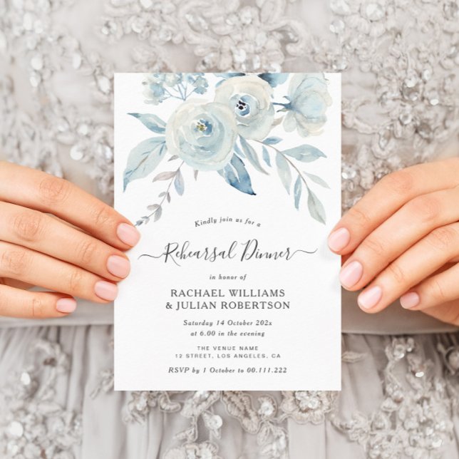 elegant script dusty blue flowers rehearsal dinner invitation (Creator Uploaded)