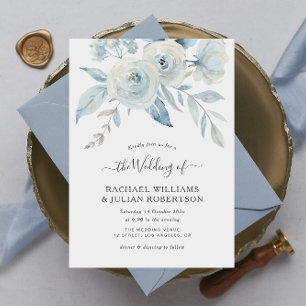 elegant script dusty blue flowers wedding invitation