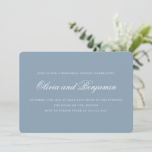Elegant Script Dusty Blue Formal Rehearsal Dinner Invitation (Standing Front)