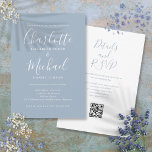 Elegant Script Dusty Blue Modern QR Code Wedding Invitation<br><div class="desc">Featuring signature style names,  this elegant dusty blue wedding invitation can be personalised with all your special wedding day information on the front,  your wedding website details,  and your QR code on the reverse. Designed by Thisisnotme©</div>