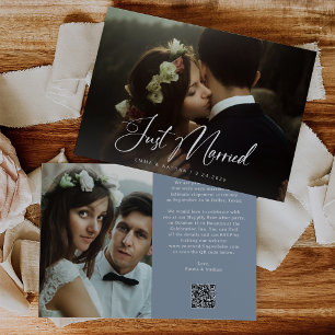 Elegant Script Dusty Blue   QR Code Just Married Invitation