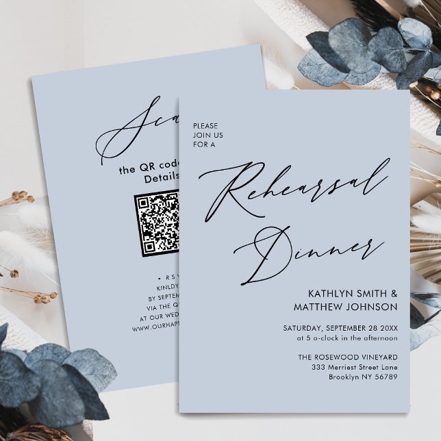 Elegant Script Dusty Blue Rehearsal Dinner QR Invitation (Creator Uploaded)