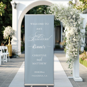 Elegant Script Dusty Blue Rehearsal Dinner Welcome Retractable Banner