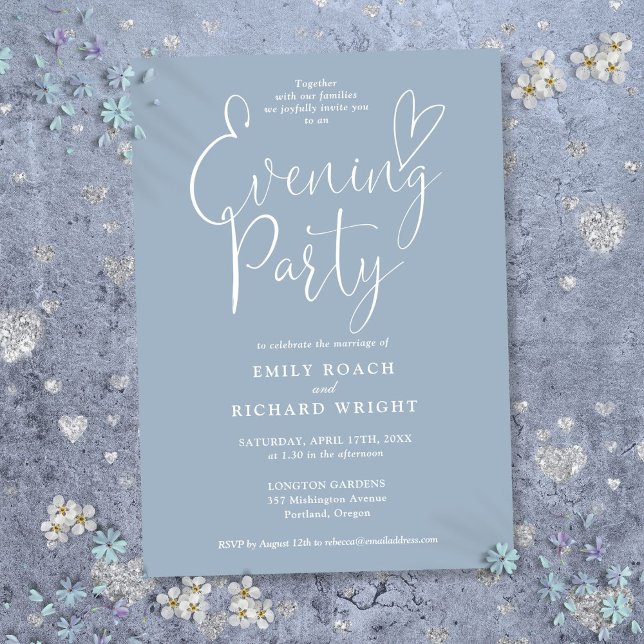 Elegant Script Dusty Blue Wedding Evening Party Invitation (Elegant Script Dusty Blue Wedding Evening Party Invitation)
