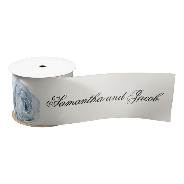 Elegant Script Dusty Blue Wedding  Satin Ribbon (Spool)