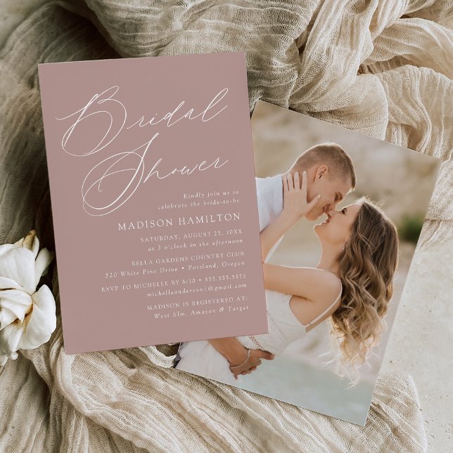 Elegant Script Dusty Rose Photo Bridal Shower Invitation (Creator Uploaded)