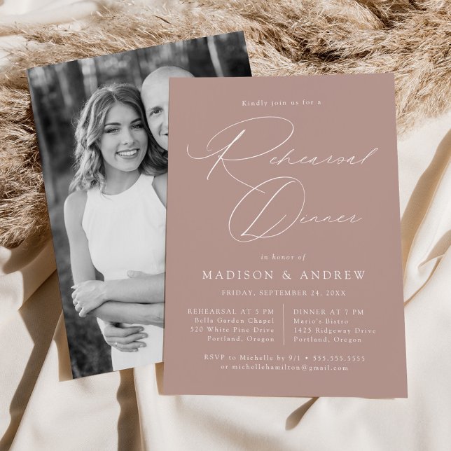 Elegant Script Dusty Rose Photo Rehearsal Dinner Invitation (Creator Uploaded)