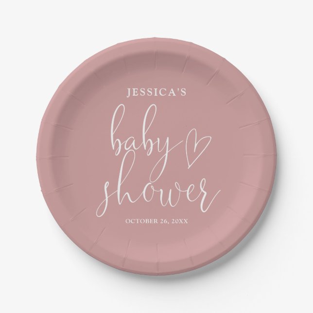 Elegant Script Dusty Rose Pink Baby Shower Paper Plate (Front)
