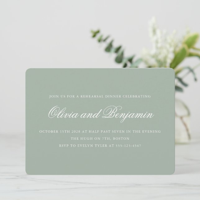 Elegant Script Dusty Sage Green Rehearsal Dinner Invitation (Standing Front)