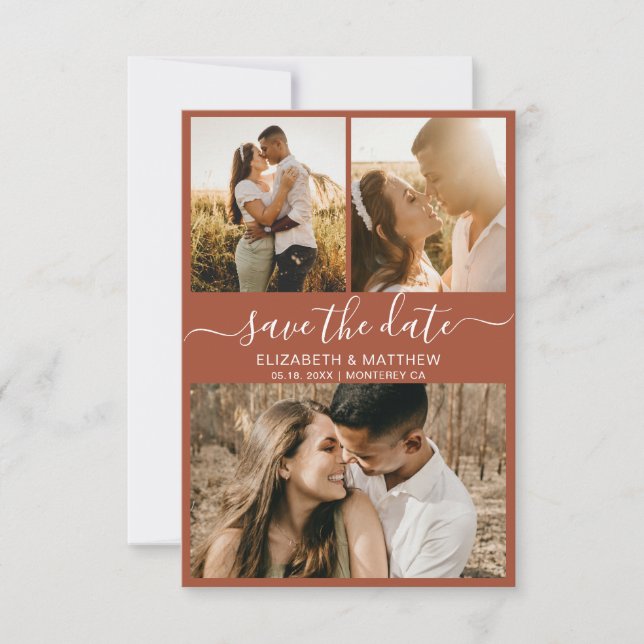 Elegant Script Earthy Rust Photo Collage Wedding  Save The Date (Front)