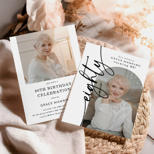 Elegant Script Eighty Arch Photo 80th Birthday Invitation