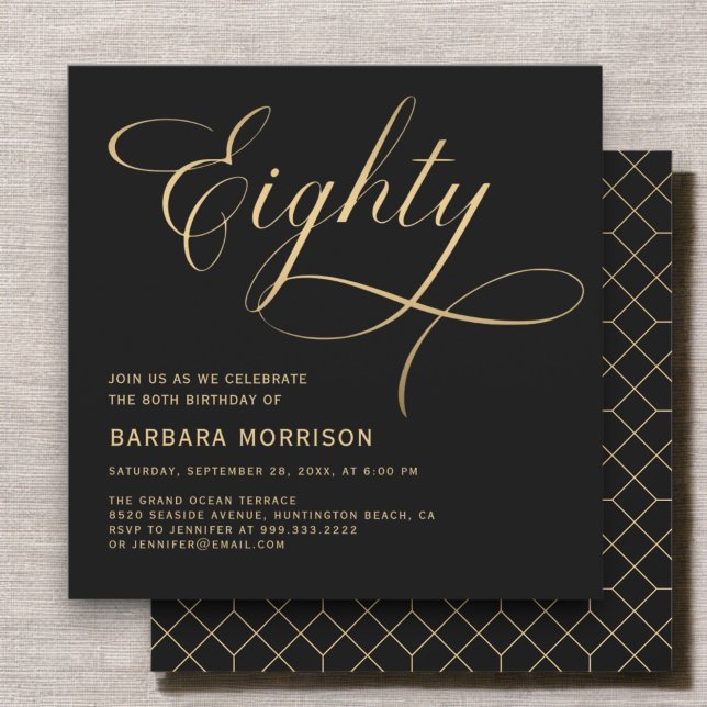 Elegant Script Eighty Black Gold 80th Birthday Invitation (Creator Uploaded)