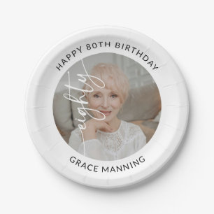 Elegant Script Eighty Photo 80th Birthday Paper Plate