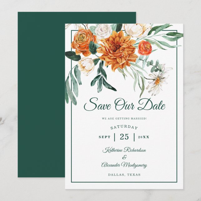 Elegant Script Emerald Green Autumn Floral Wedding Save The Date (Front/Back)