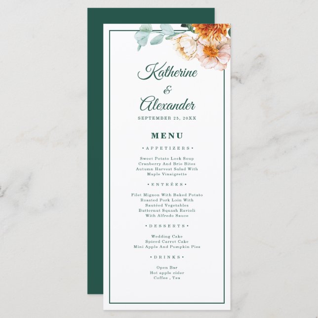 Elegant Script Emerald Green Watercolor Wedding Menu (Front/Back)