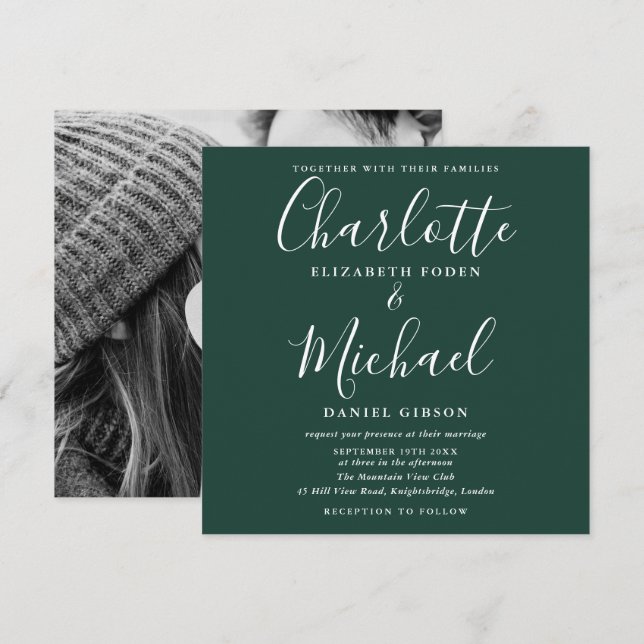 Elegant Script Emerald Green Wedding Photo Invitation (Front/Back)