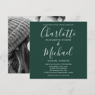 Elegant Script Emerald Green Wedding Photo Invitation