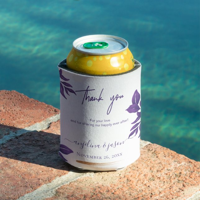 Elegant Script Emerald Purple Eucalyptus Wedding Can Cooler (In Situ Pool)