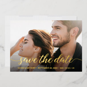 Elegant Script Engagement Photo Save the date Foil Holiday Card