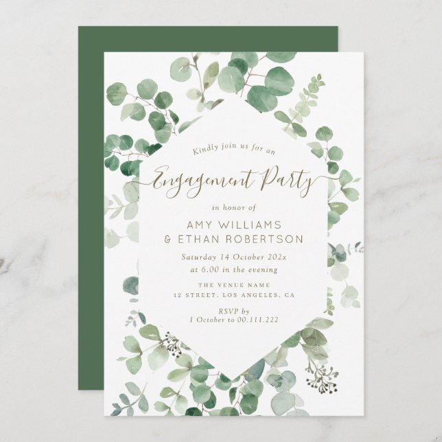 elegant script eucalyptus engagement party invitation (Front/Back)