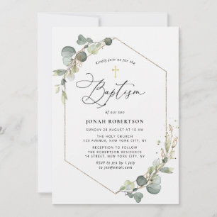 Elegant script eucalyptus frame baptism invitation