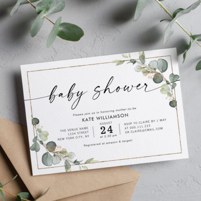 elegant script eucalyptus greenery baby shower invitation (Creator Uploaded)