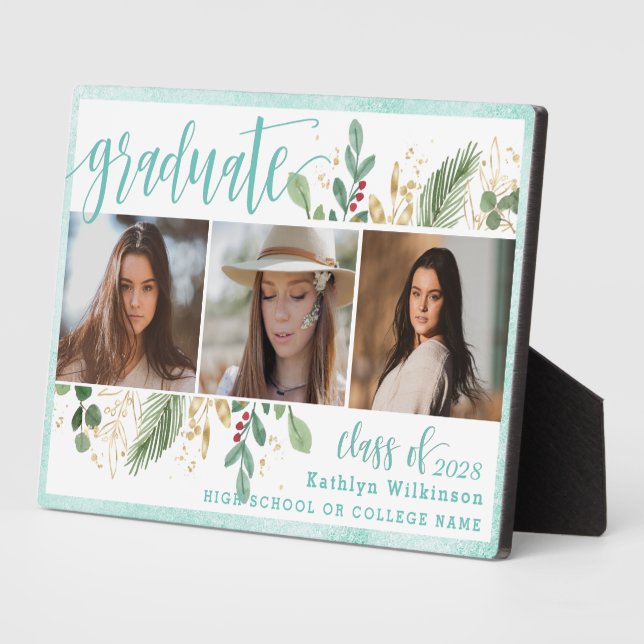 Elegant Script Eucalyptus Greenery Grad 3 Photo Plaque (Side)