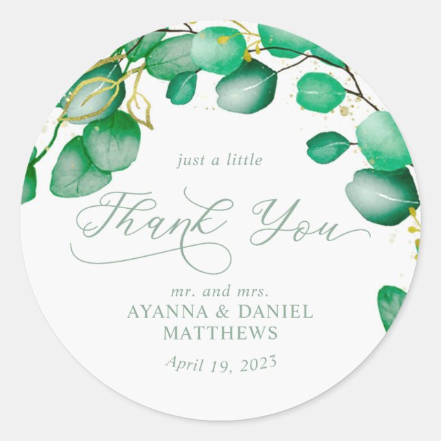 Elegant Script Eucalyptus Greenery Thank You Classic Round Sticker (Front)