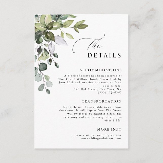 Elegant Script Eucalyptus Greenery Wedding Details Enclosure Card (Front)