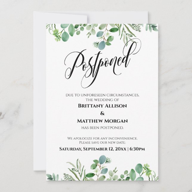 Elegant Script Eucalyptus Postponed Wedding Card (Front)
