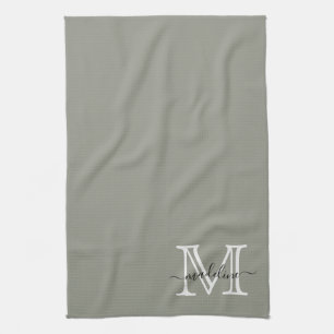 Elegant Script Evergreen Fog Monogram Tea Towel