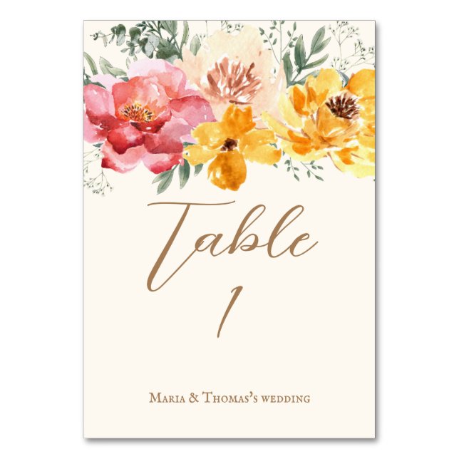 Elegant script fall floral flower wedding table number (Front)