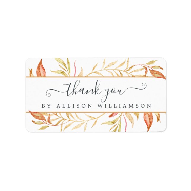 Elegant Script Fall Golden Foliage Thank You Label (Front)