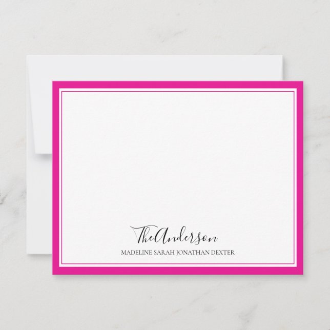 Elegant Script Family Hot Pink Square Border Card (Front)