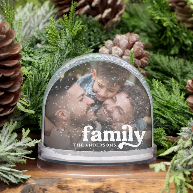Elegant Script Family Name & 2 Photos Snow Globes Snowglobe (Winter)