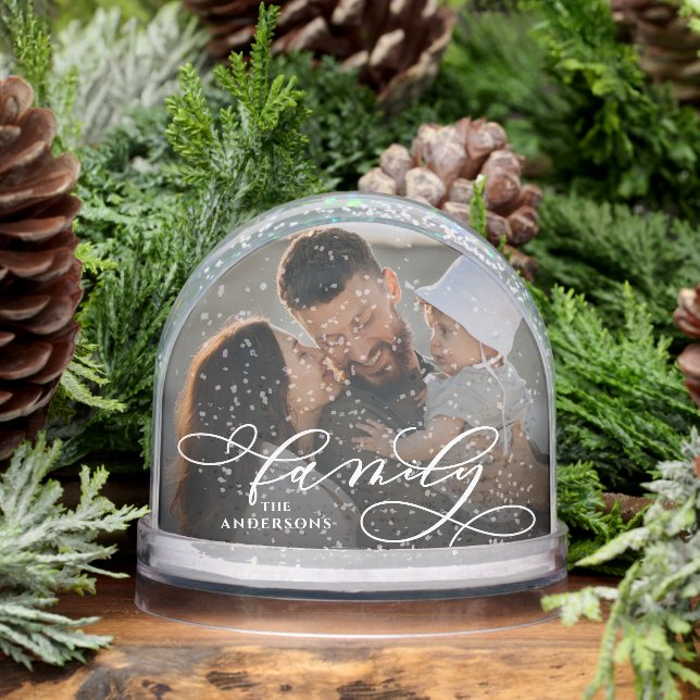 Elegant Script Family Name & 2 Photos Snowglobe (Winter)