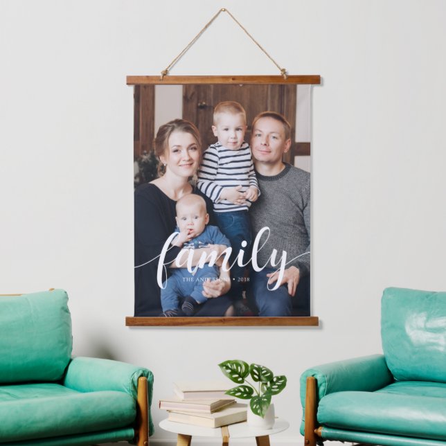 Elegant Script "Family" Overlay Photo Hanging Tapestry (Living Room)