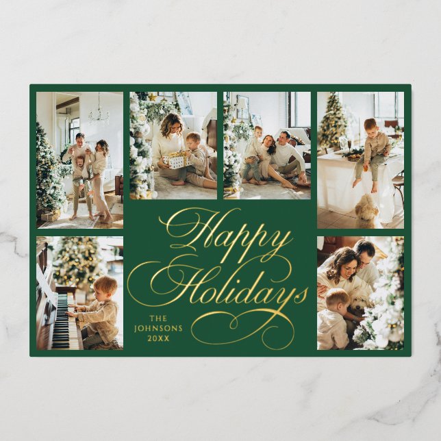 Elegant Script & Family Photo Collage Christmas Foil Holiday Card (Front)