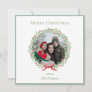 Elegant Script Family Photo Wreath Merry Christmas Holiday Card