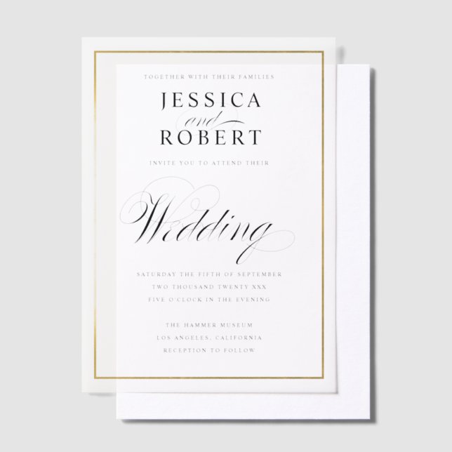 Elegant Script Faux Gold Border Wedding Vellum Invitations (Offset)
