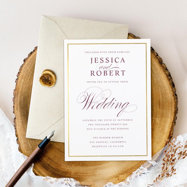 Elegant Script Faux Gold Burgundy Wedding Invitation (Creator Uploaded)