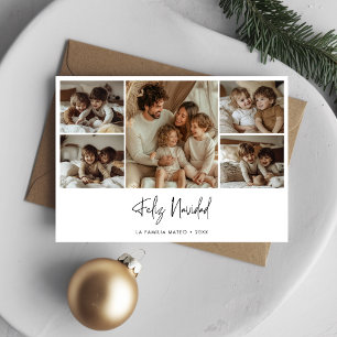 Elegant Script Feliz Navidad Christmas 5 Photo Red Holiday Card