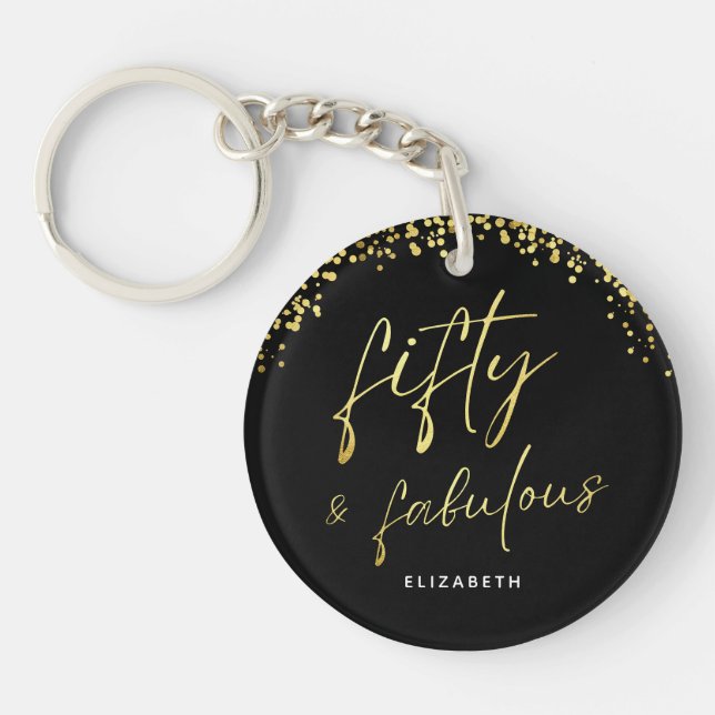 Elegant Script Fifty and Fabulous Acrylic Keychain (Front)