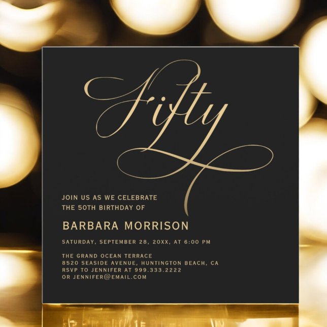 Elegant Script Fifty Black Gold 50th Birthday Invitation (Creator Uploaded)