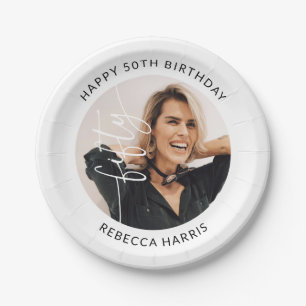 Elegant Script Fifty Photo 50th Birthday Paper Plate