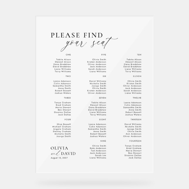 Elegant Script Find Your Seat Wedding Acrylic Sign (Front)