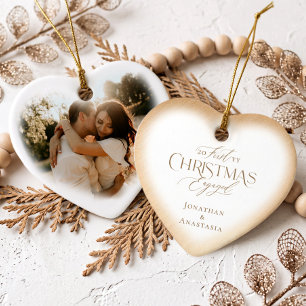 Elegant Script First Christmas Engaged Heart Photo Ceramic Tree Decoration
